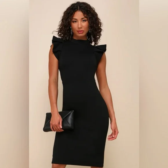 Lulus | Dresses | Nwt Lulus Black Backless Ruffle Bodycon Midi Dress Size  Xs Wedding Guest Dress | Poshmark